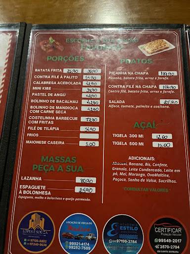 Oásis Pizzaria e Churrascaria cardápio