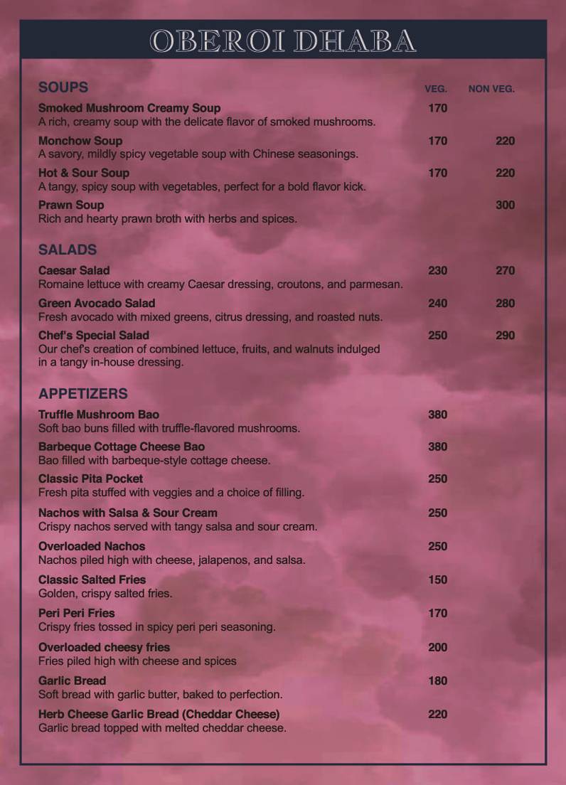 Oberoi Dhaba Adchini menu