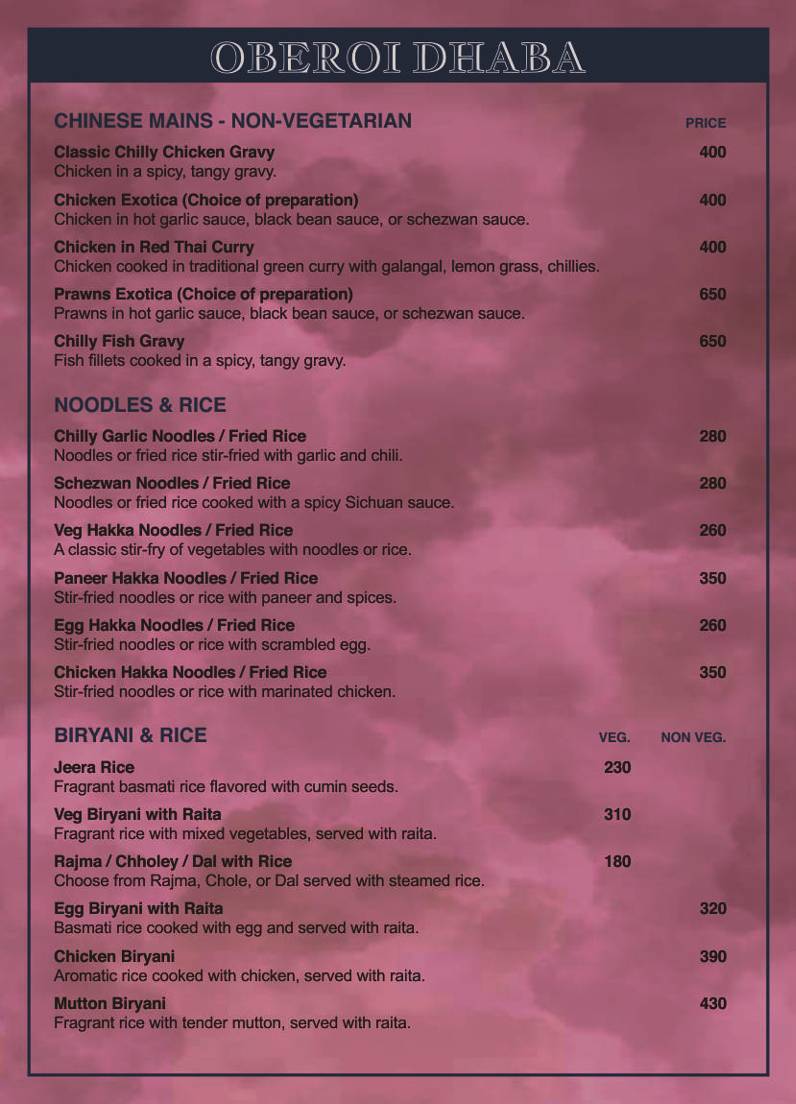 Oberoi Dhaba Adchini menu