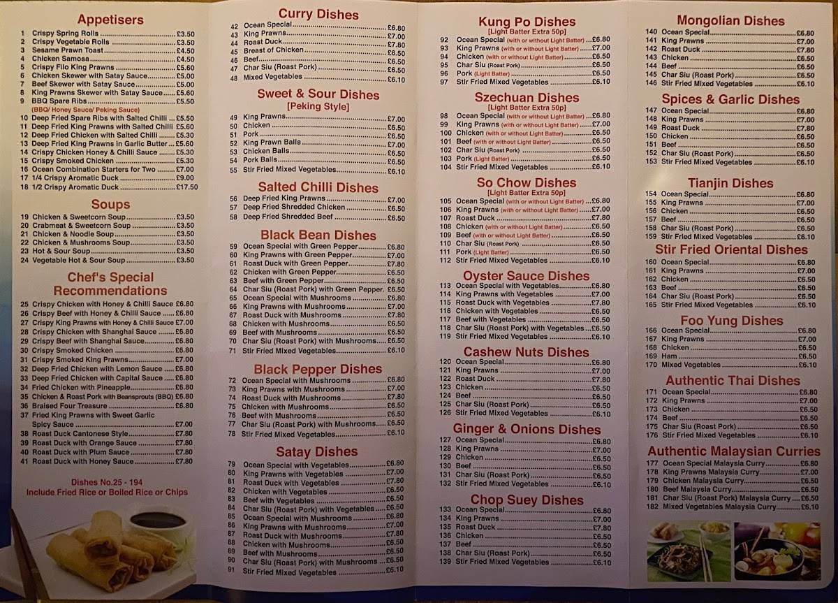 Menu at Ocean Chinese restaurant, Belfast