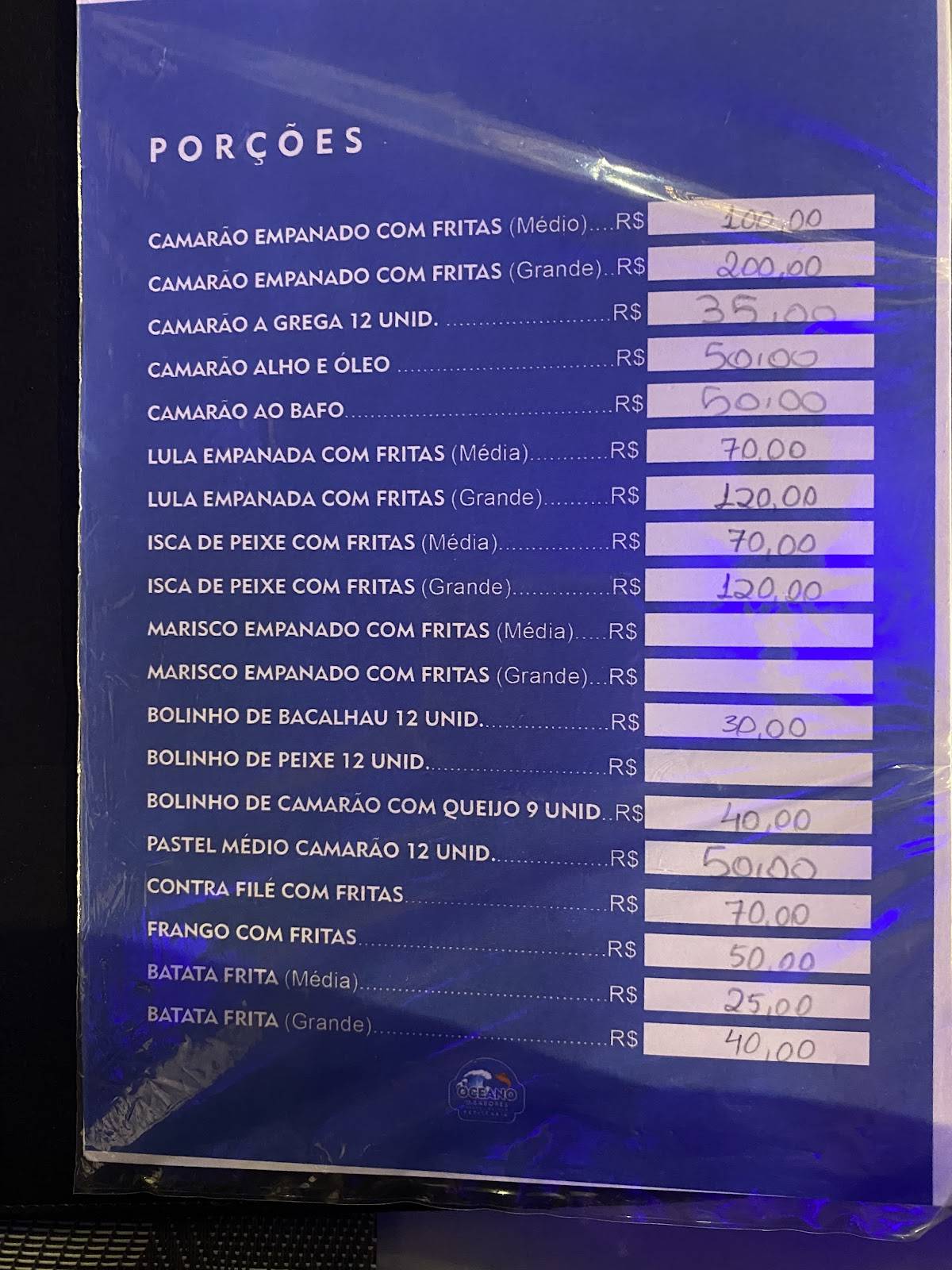 Oceano de Sabores - Petiscaria cardápio