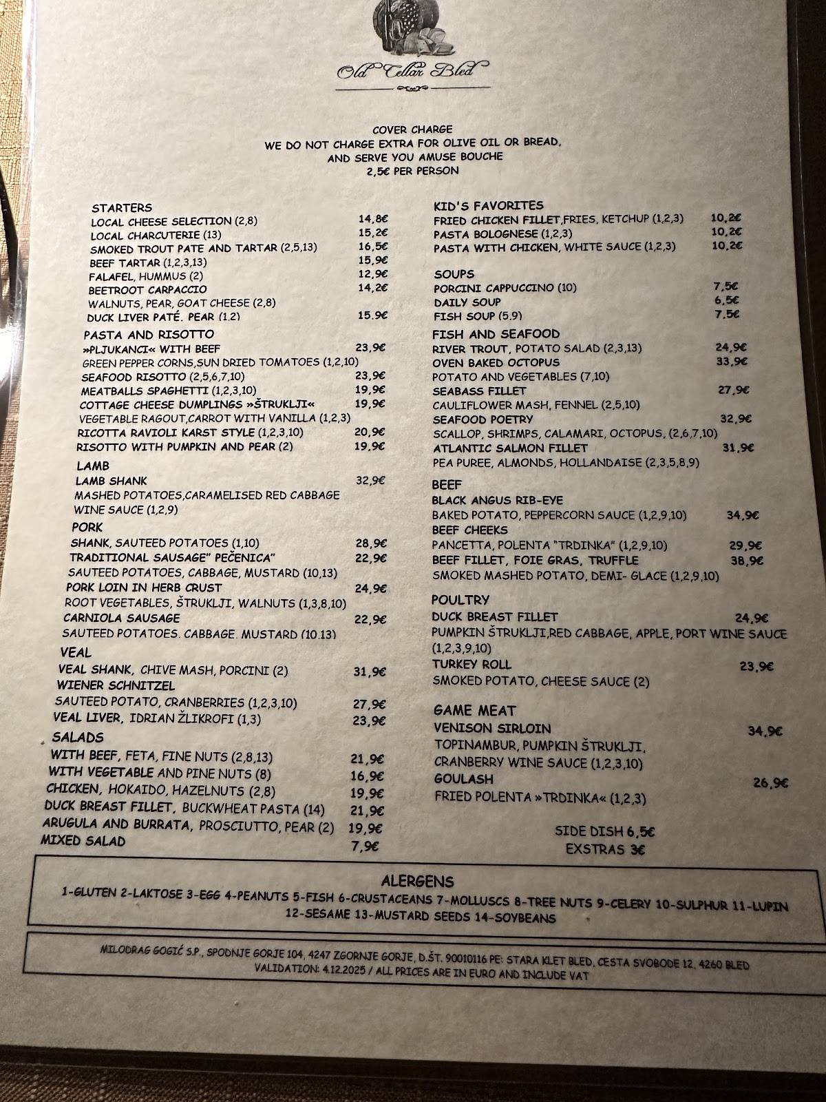 Menu di Old Cellar Bled (Lake view) 