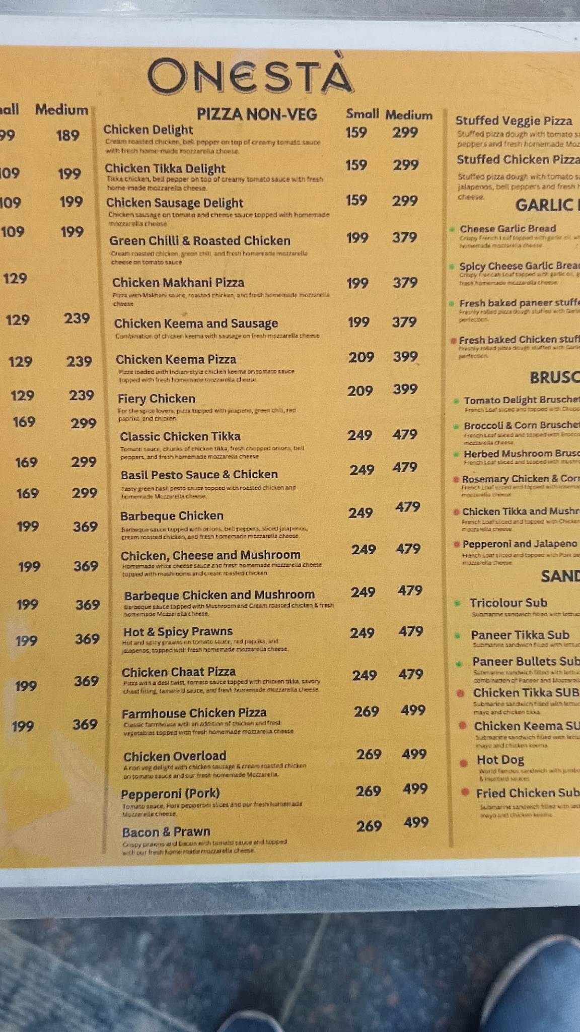 Onesta Gachi Bowli menu