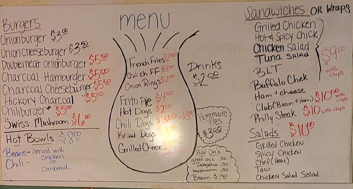 Menu at Onion's cafe,