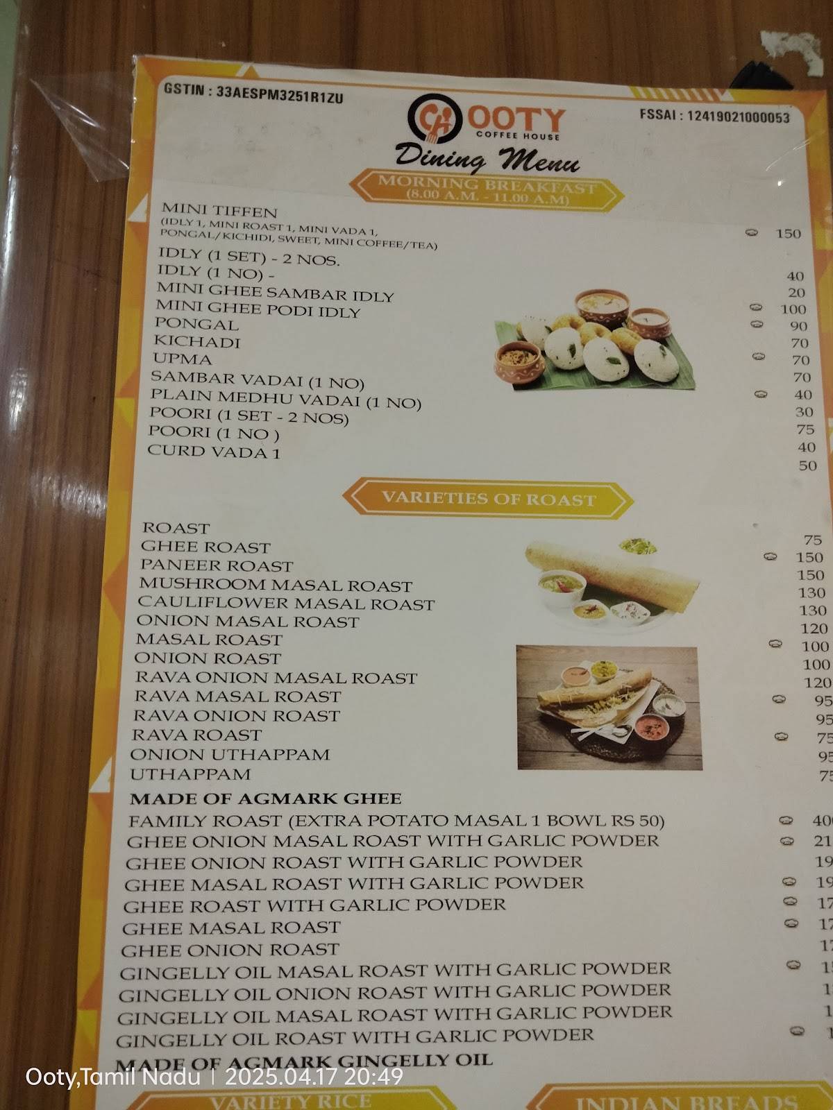 Ooty Coffee House menu