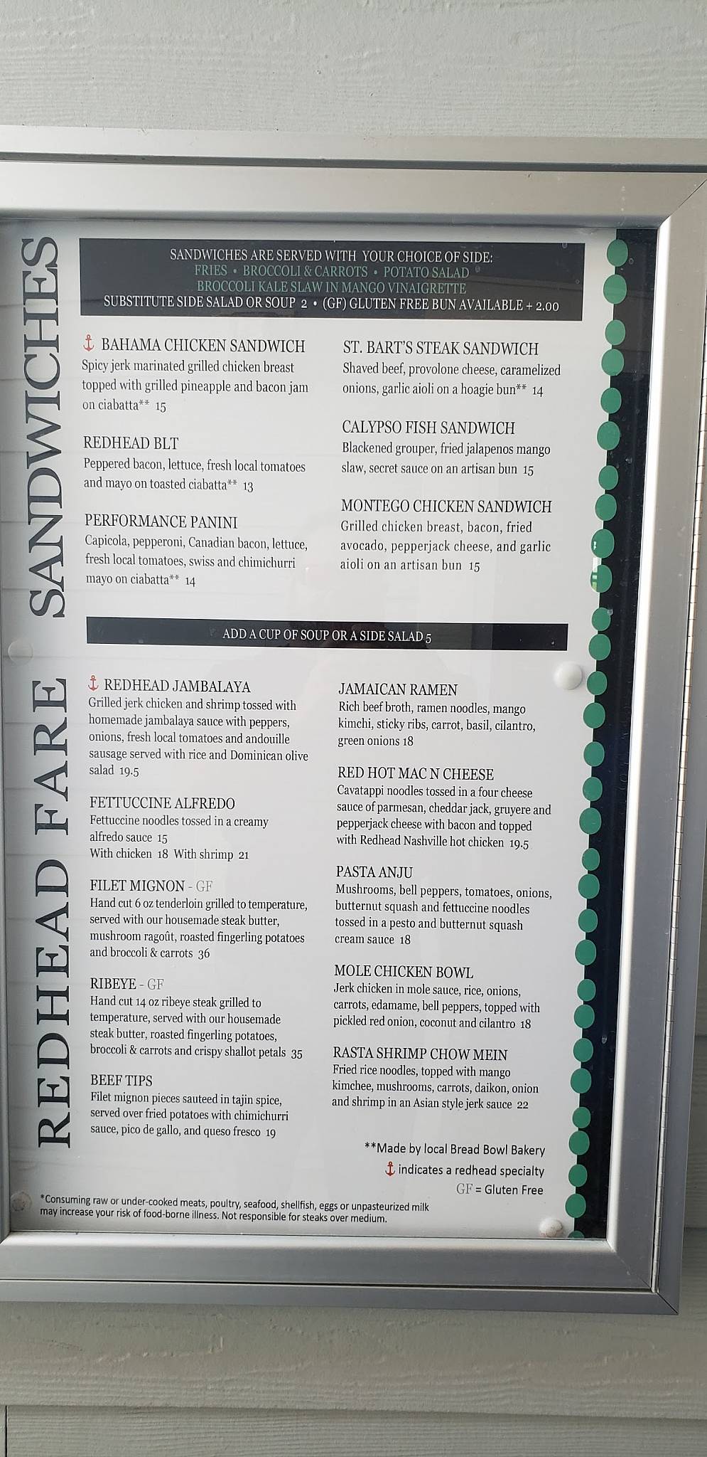 Redhead Lakeside Grill and Yacht Club menu