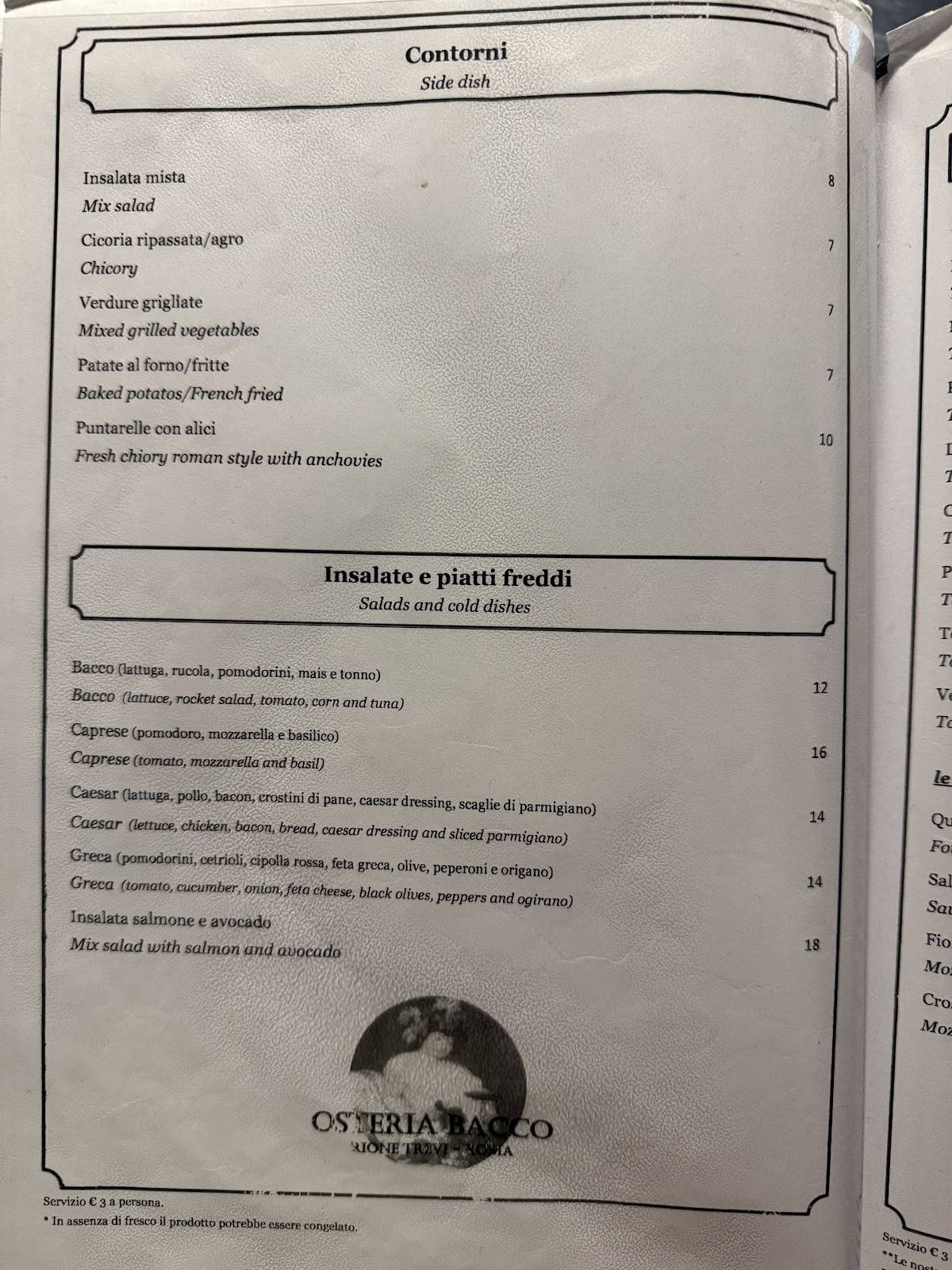 Menu di Osteria Bacco 