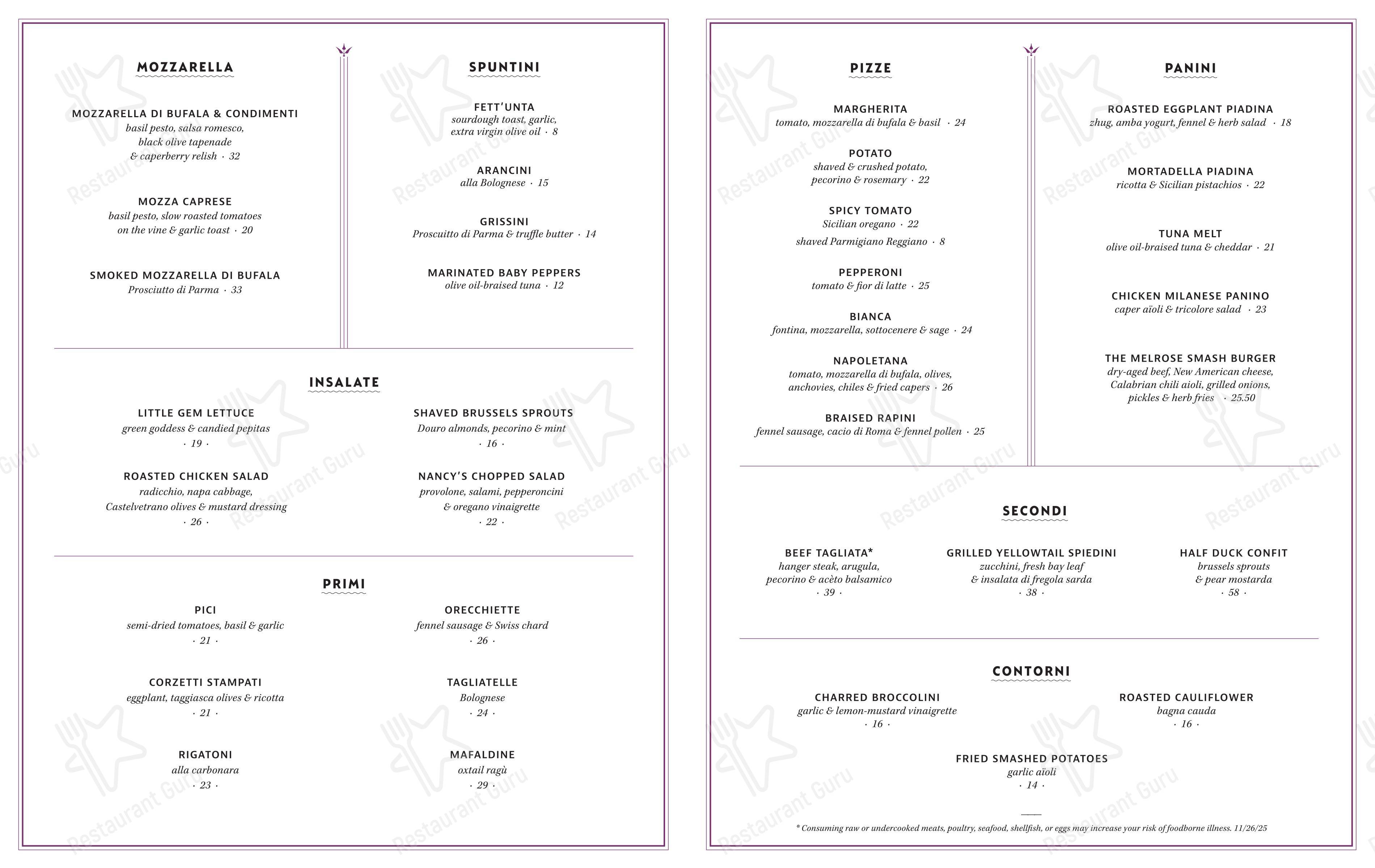Menu at Osteria Mozza DC restaurant, Washington