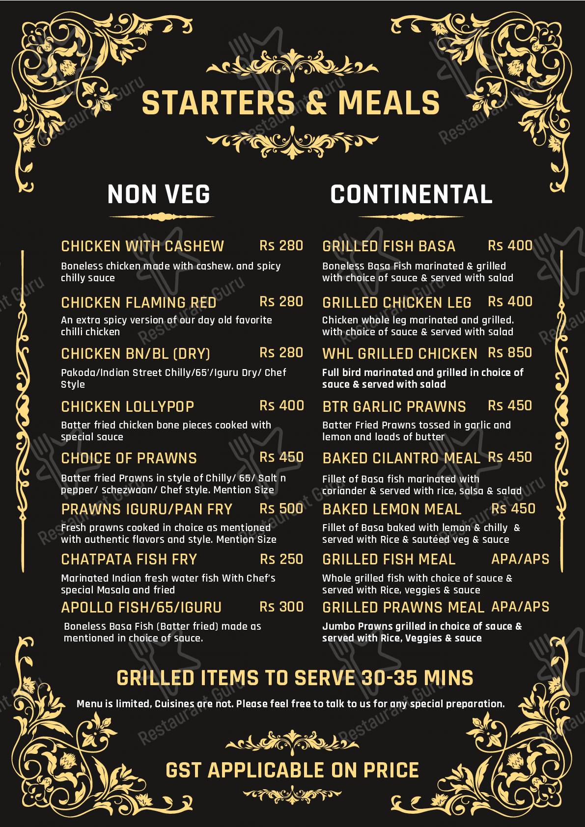 Ostra menu - meals and drinks