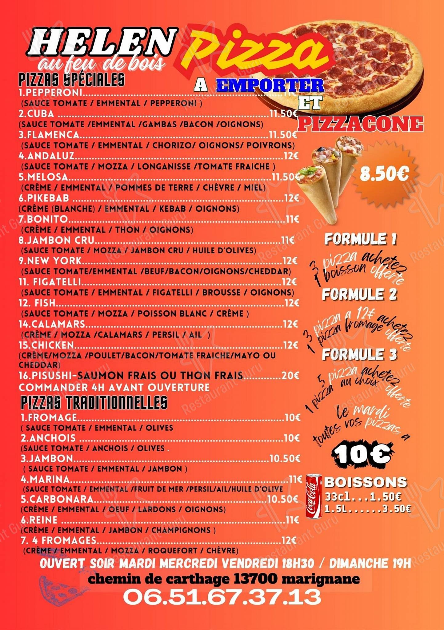 Menu pour PIZZA FASTFOOD HELEN - plats et boissons