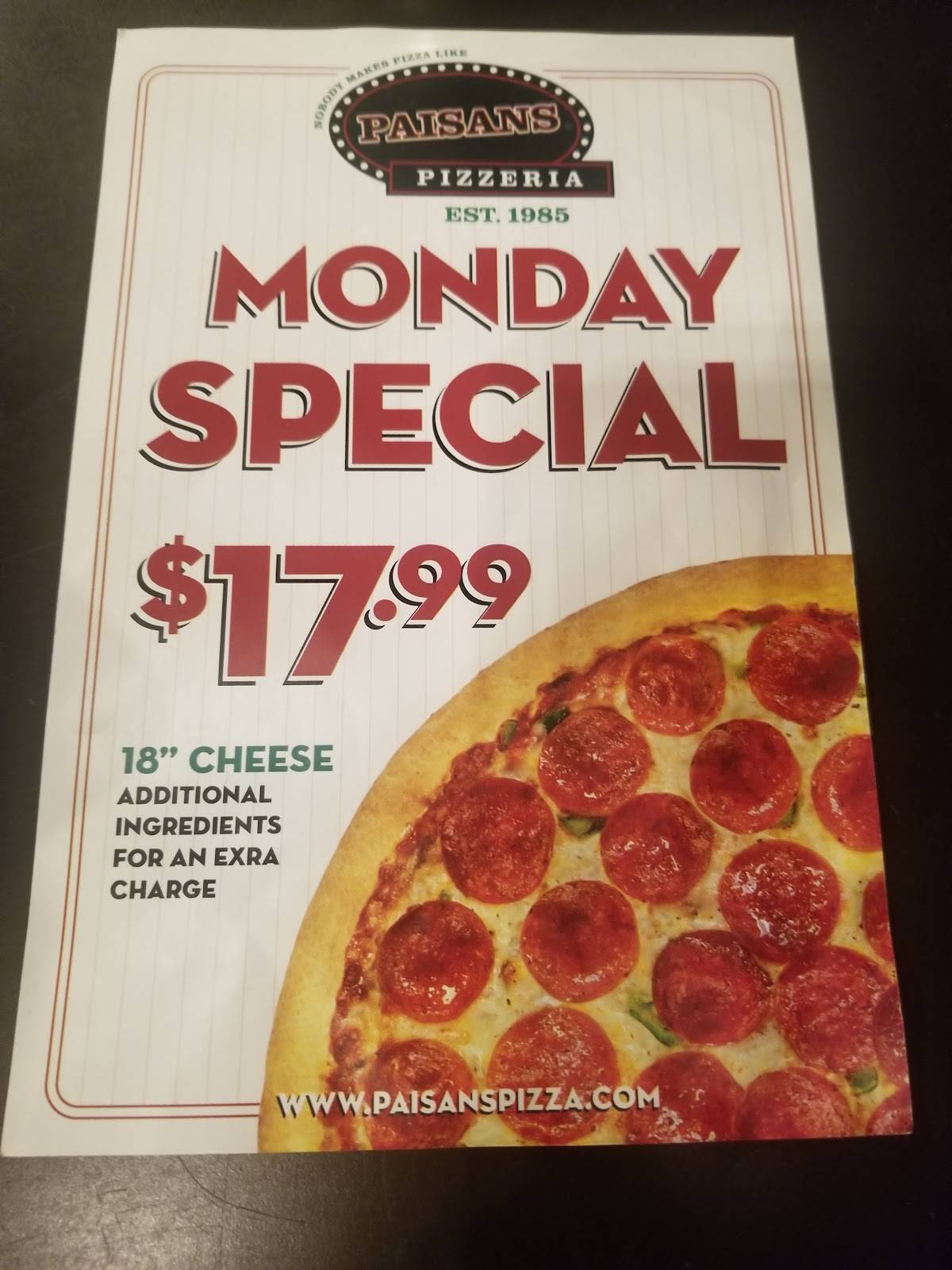 Menu at Paisans Pizzeria & Bar, Lisle