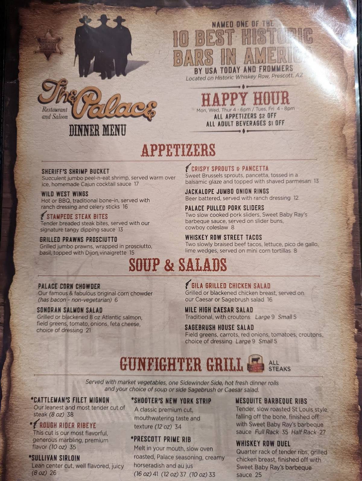 Menu at Palace Restaurant & Saloon, Prescott, 120 S Montezuma St