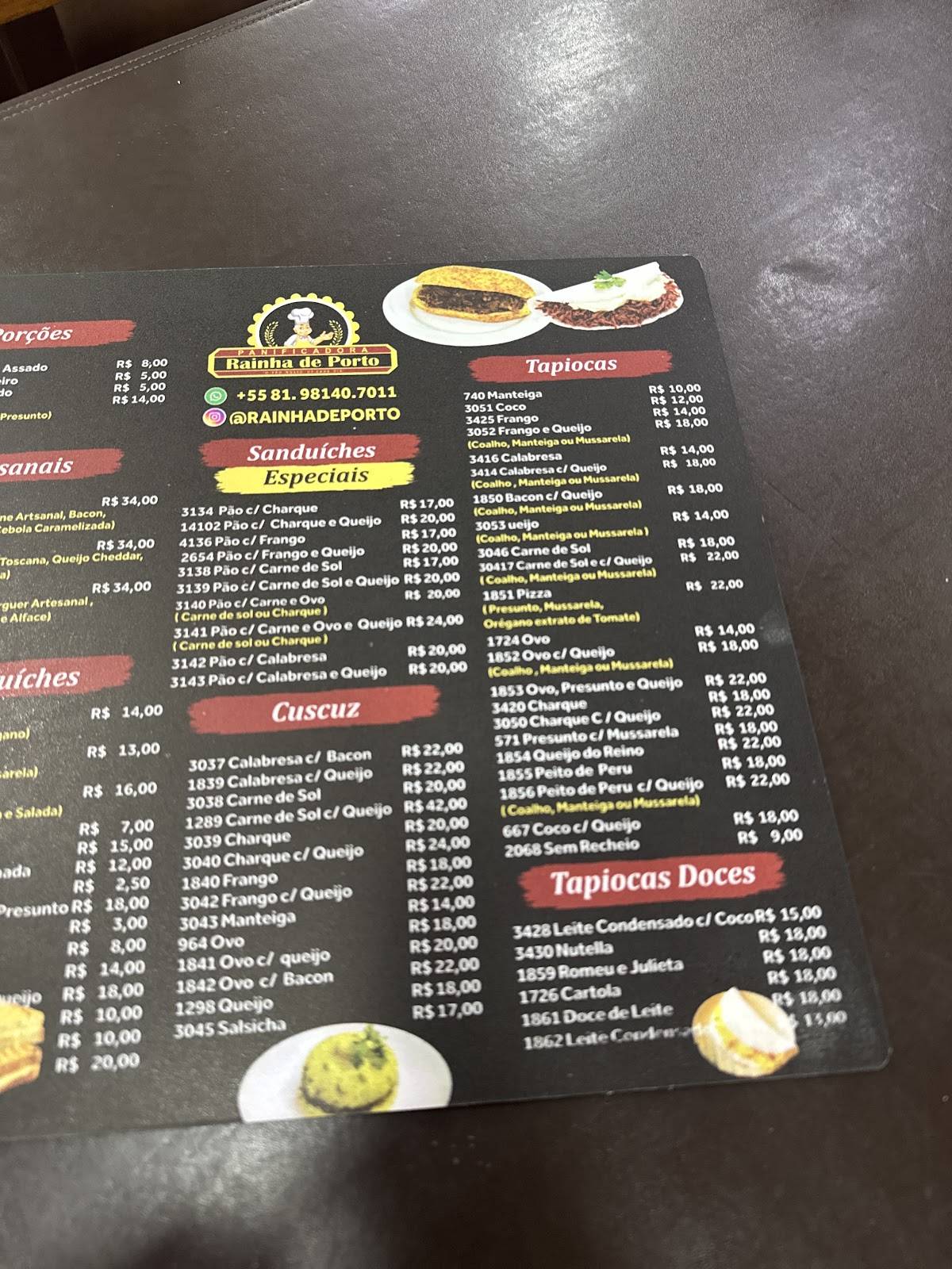 Panificadora Rainha de Porto de galinhas cardápio