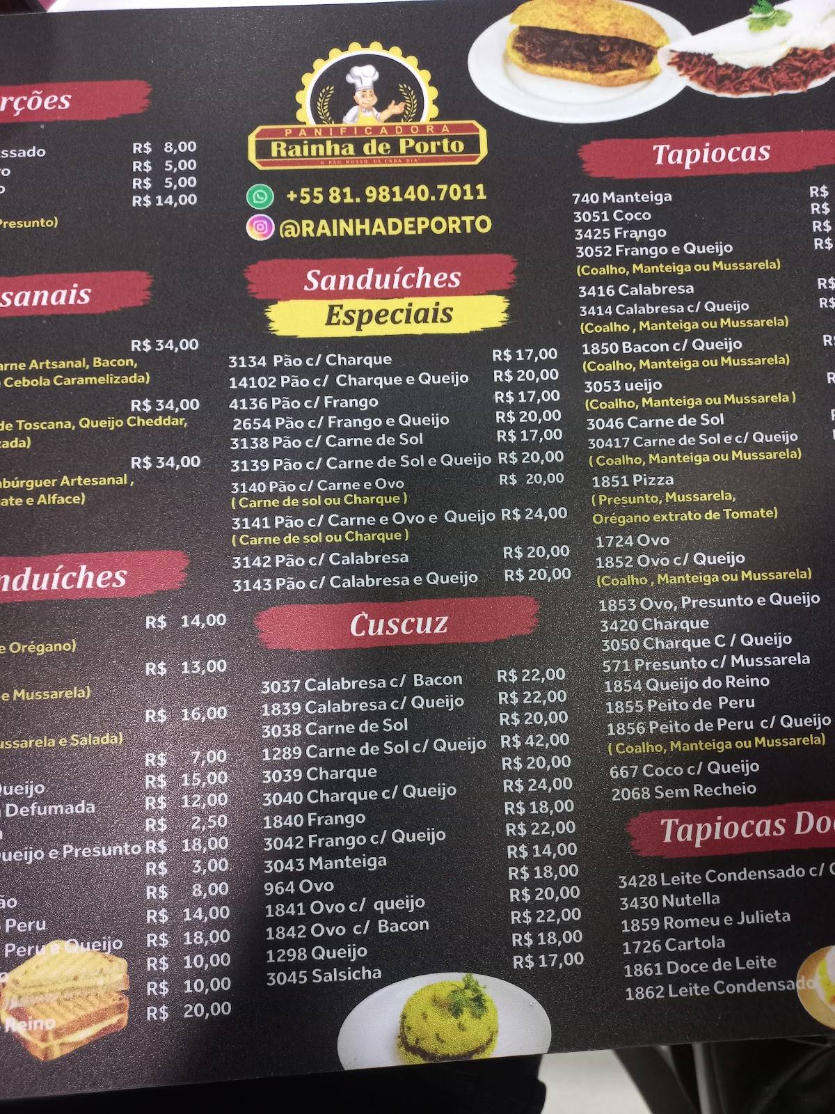 Panificadora Rainha de Porto de galinhas cardápio