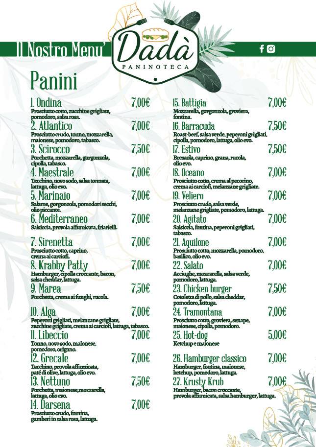 Menu di Paninoteca Dadà 