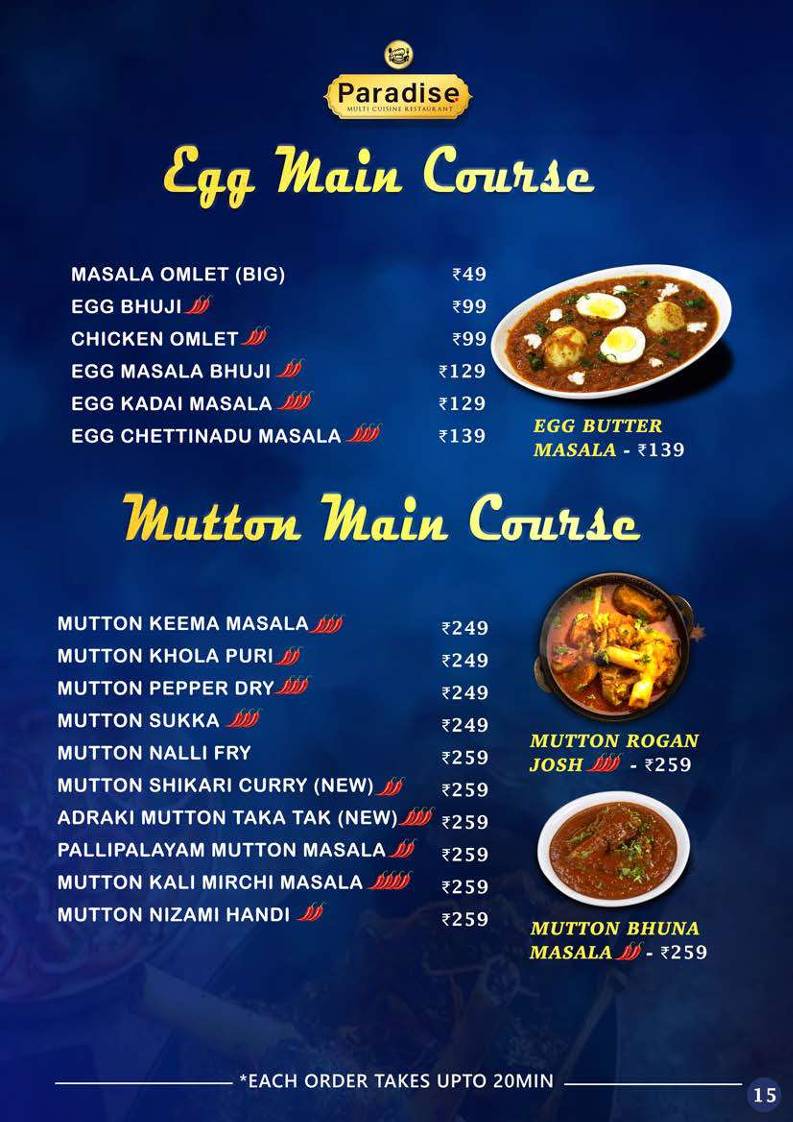 Paradise Multi Cuisine Restaurant - Best Biriyani menu