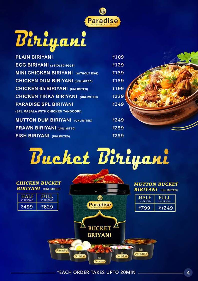 Paradise Multi Cuisine Restaurant - Best Biriyani menu