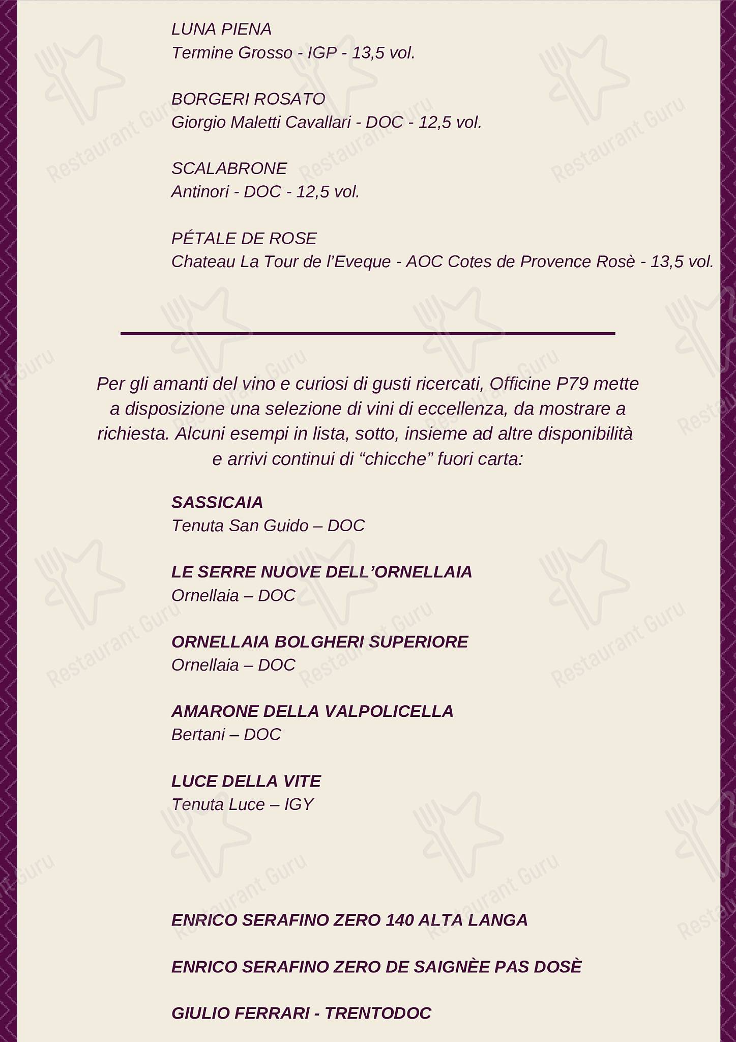 Menu di Officine P79 wine&amp;spirits 
