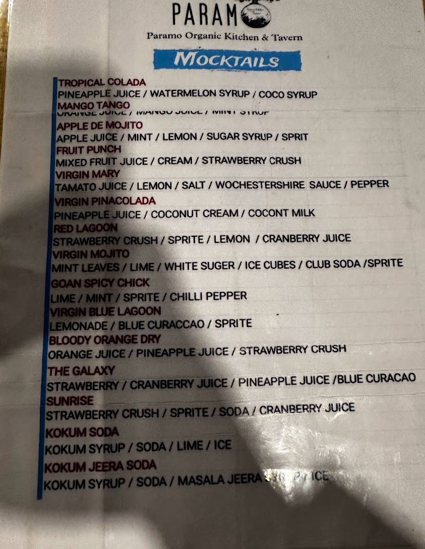 Paramo Organic Kitchen & Tavern Resto-Bar menu