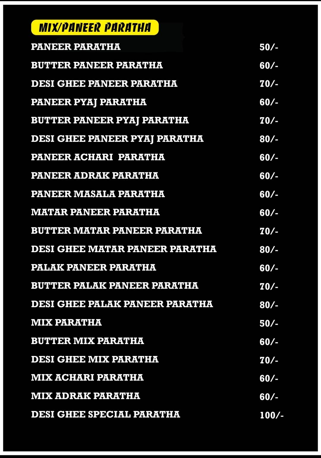 Paratha Junction menu