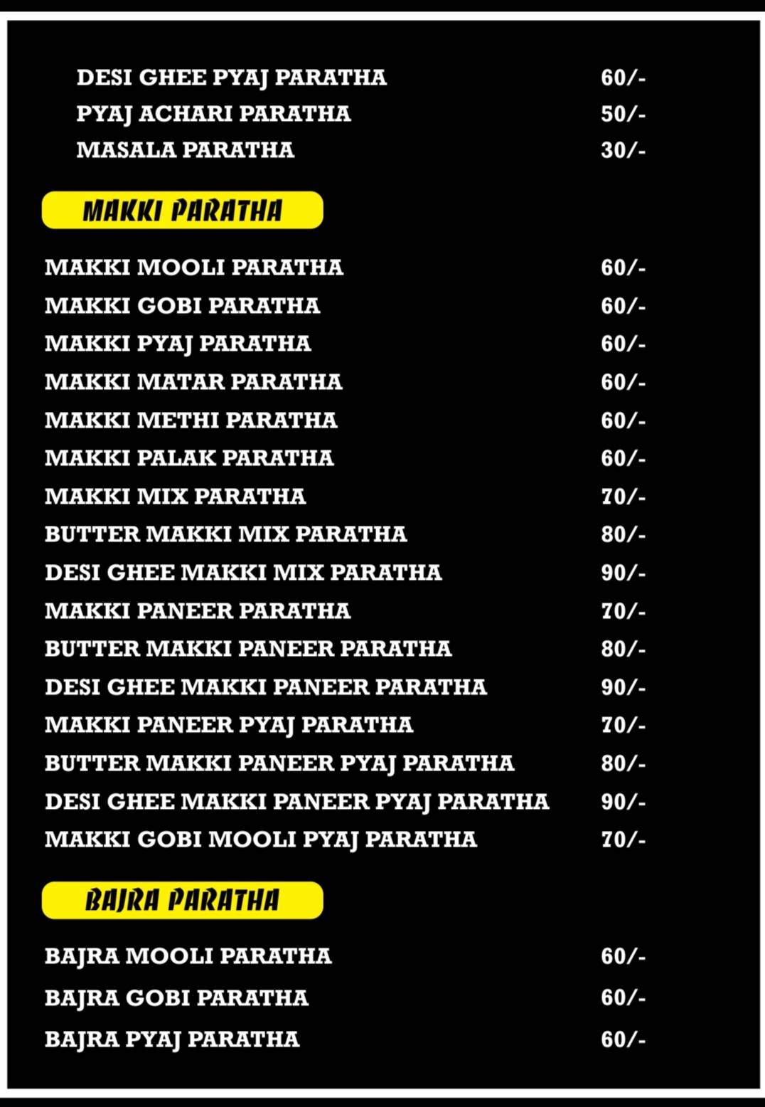 Paratha Junction menu