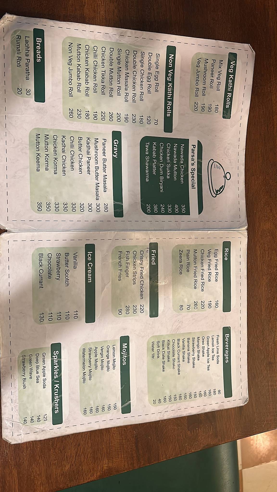 Parsa's Pampore menu