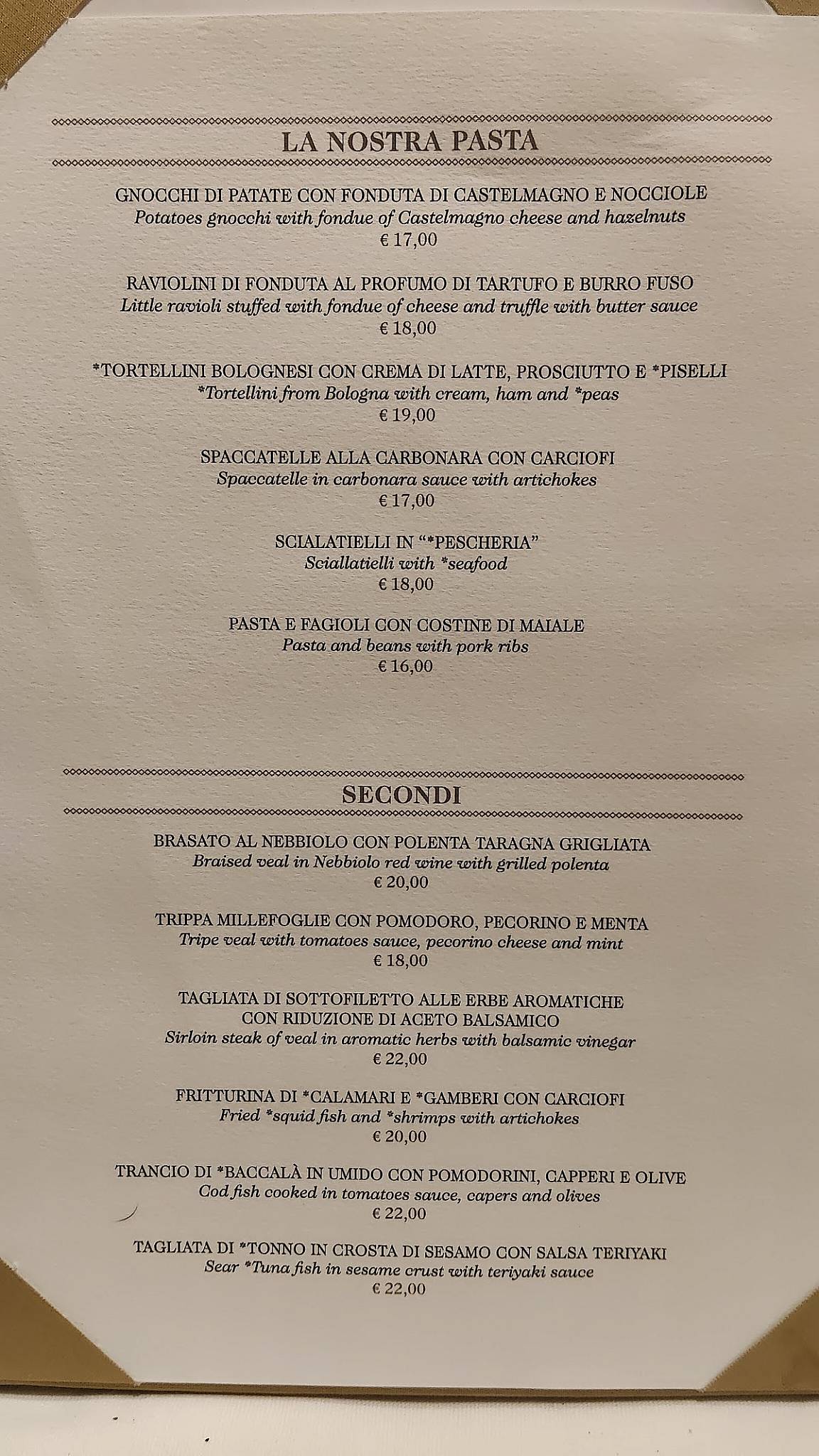 Menu de Pastificio Defilippis