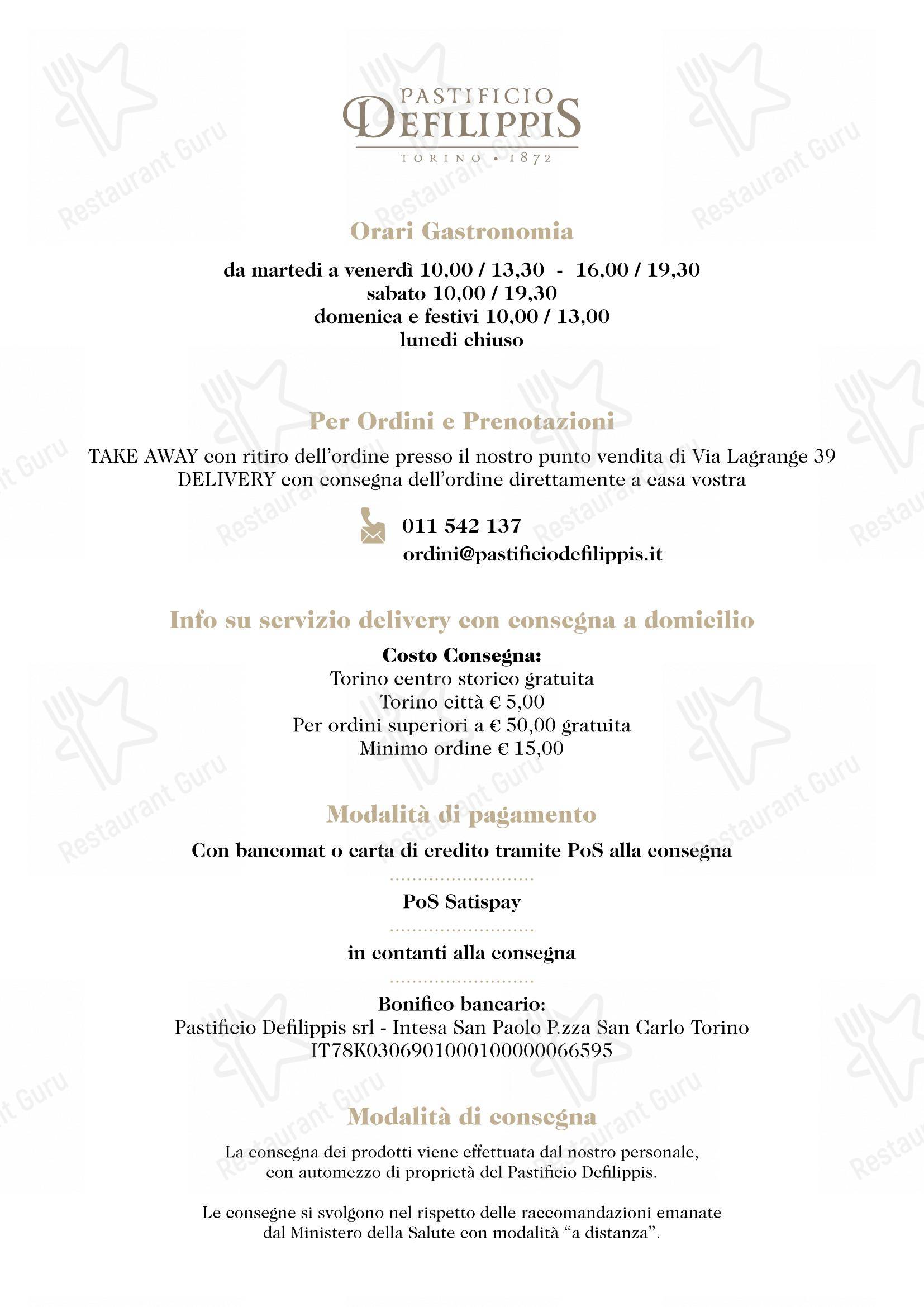 Menu bar per Pastificio Defilippis in Torino