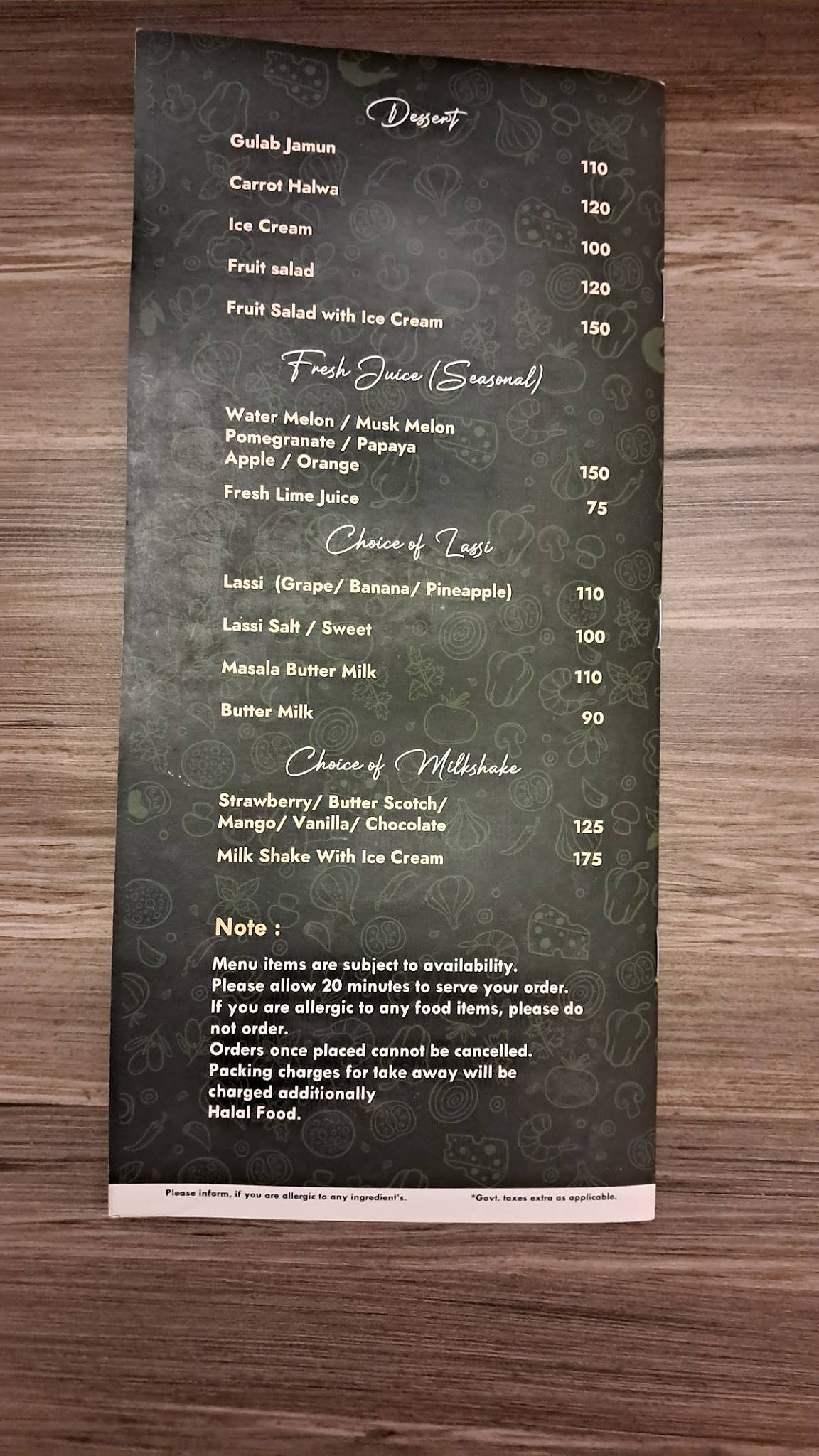 Pavilion Restaurant menu