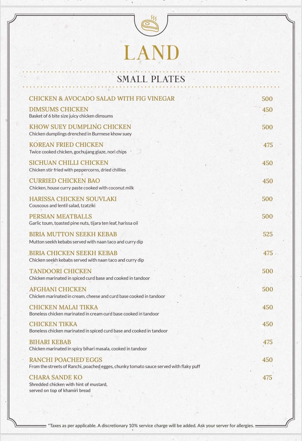 Peacock Restaurant menu