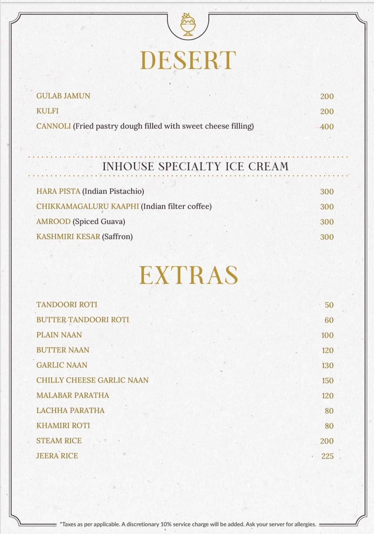 Peacock Restaurant menu