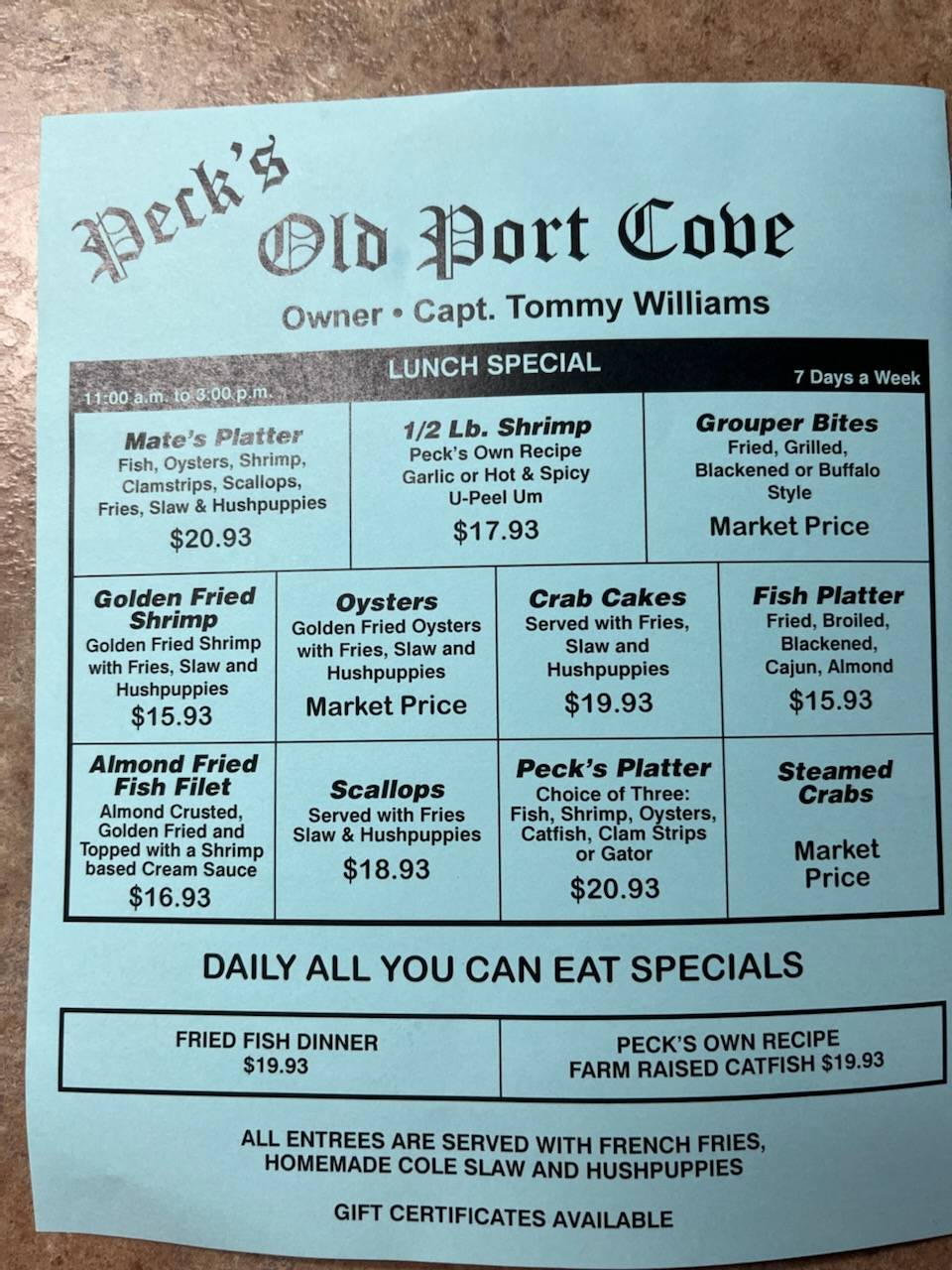 Menu at Peck's Old Port Cove restaurant, Crystal River