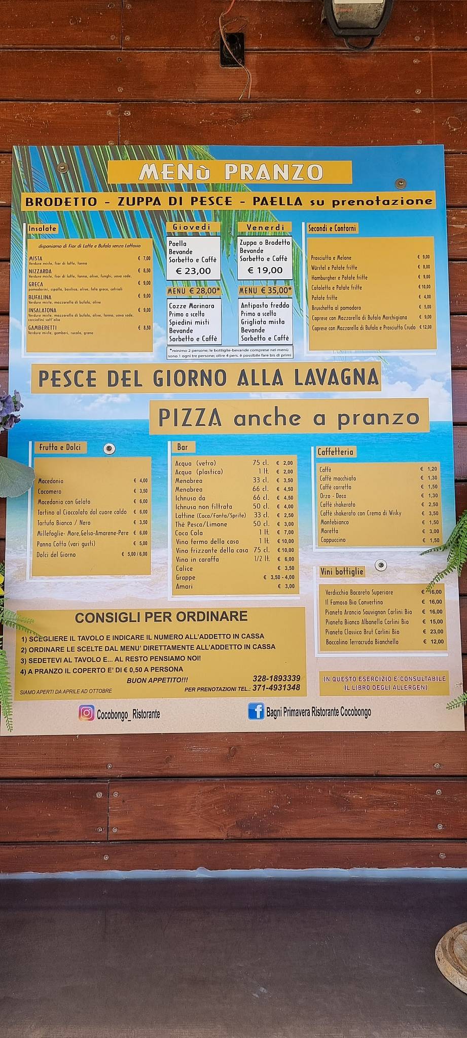 Menu at CocoBongo restaurant, Pesaro