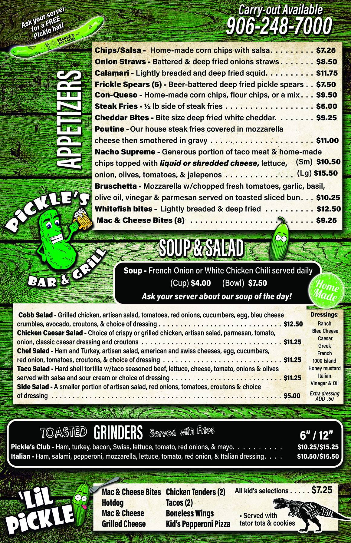 Menu at Pickles pub & bar, Brimley, W Lakeshore Dr