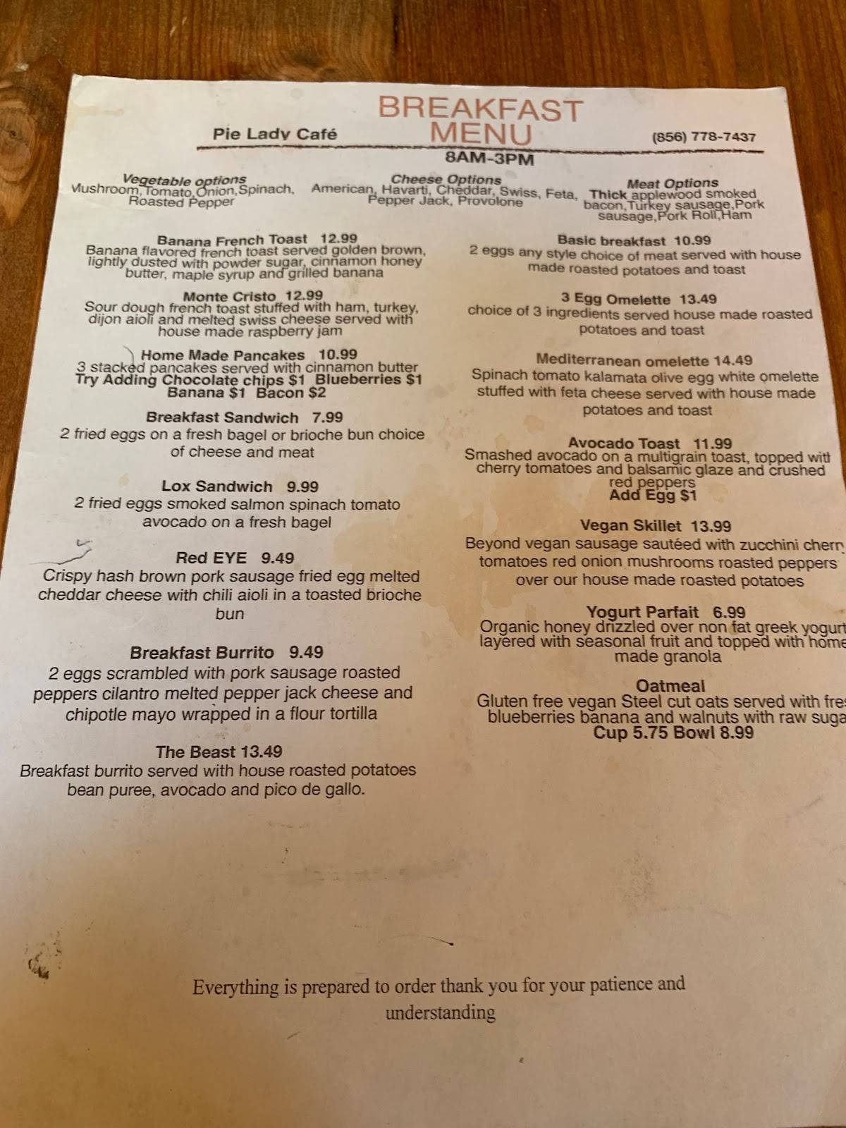 Menu at Pie Lady Cafe, Moorestown