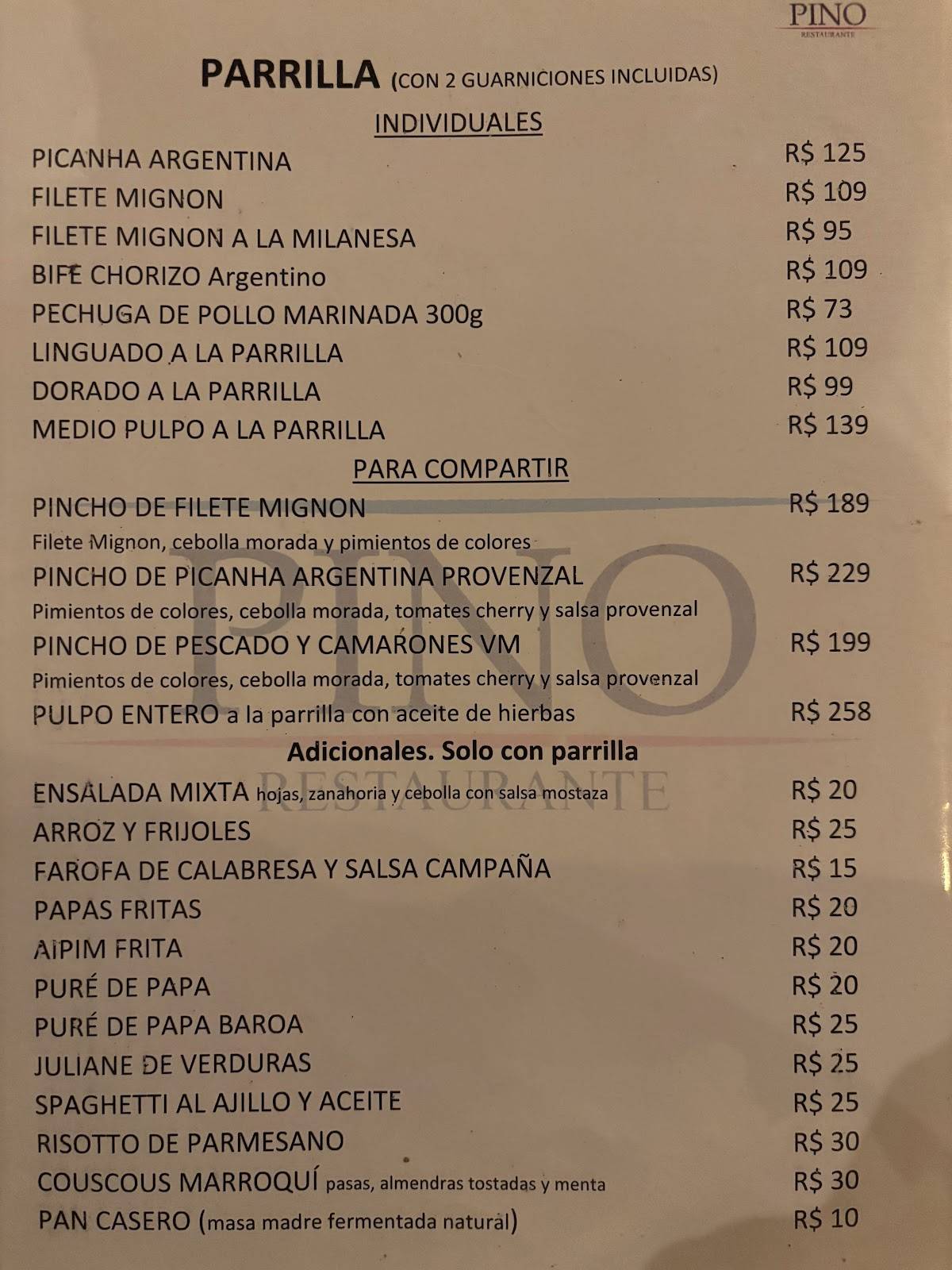 Pino Restaurante cardápio