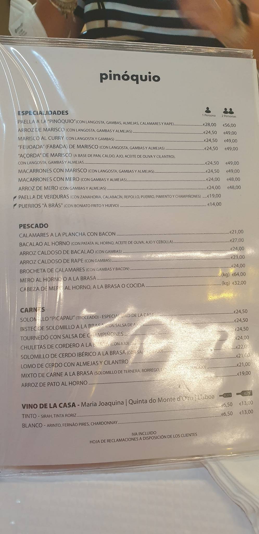 Menu at Pinóquio restaurant, Lisbon, Praça dos Restauradores 79 80