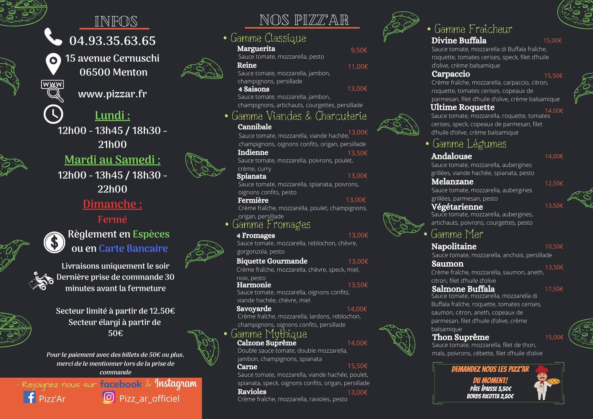 Menu de Pizz'Ar