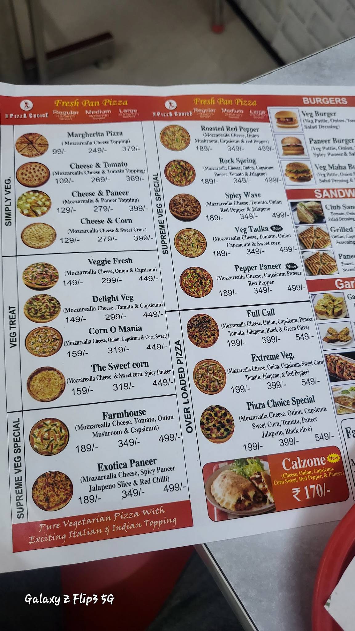 Pizza Choice menu