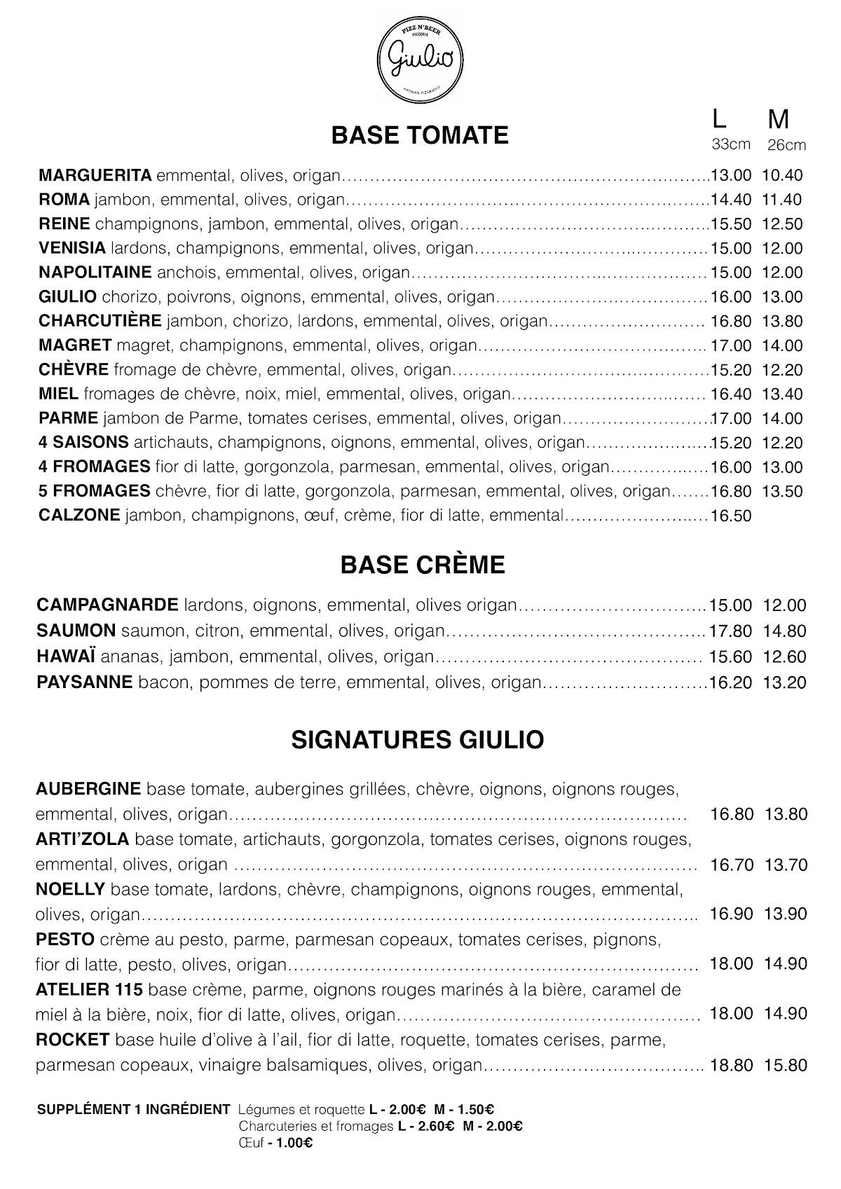 Menu de Pizza Giulio
