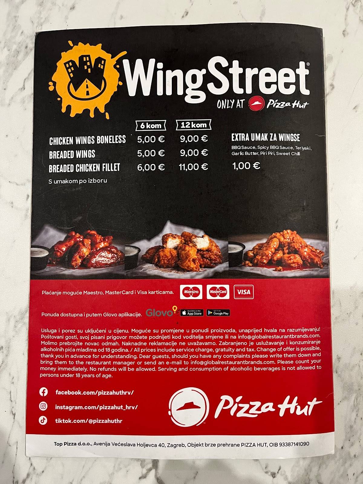 Menu di Pizza Hut Trešnjevka 