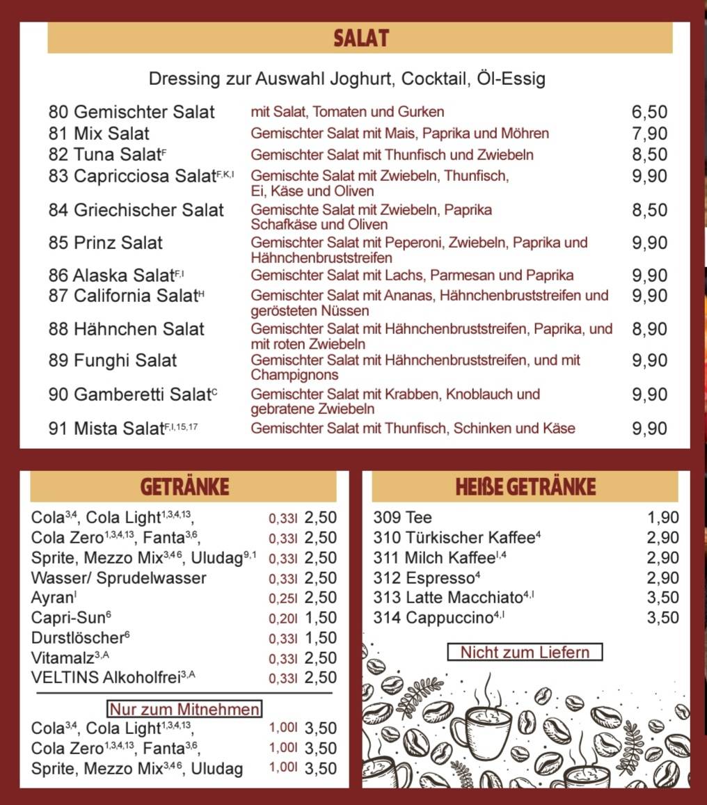 Menu de Pizza Prinz Restaurant Velbert