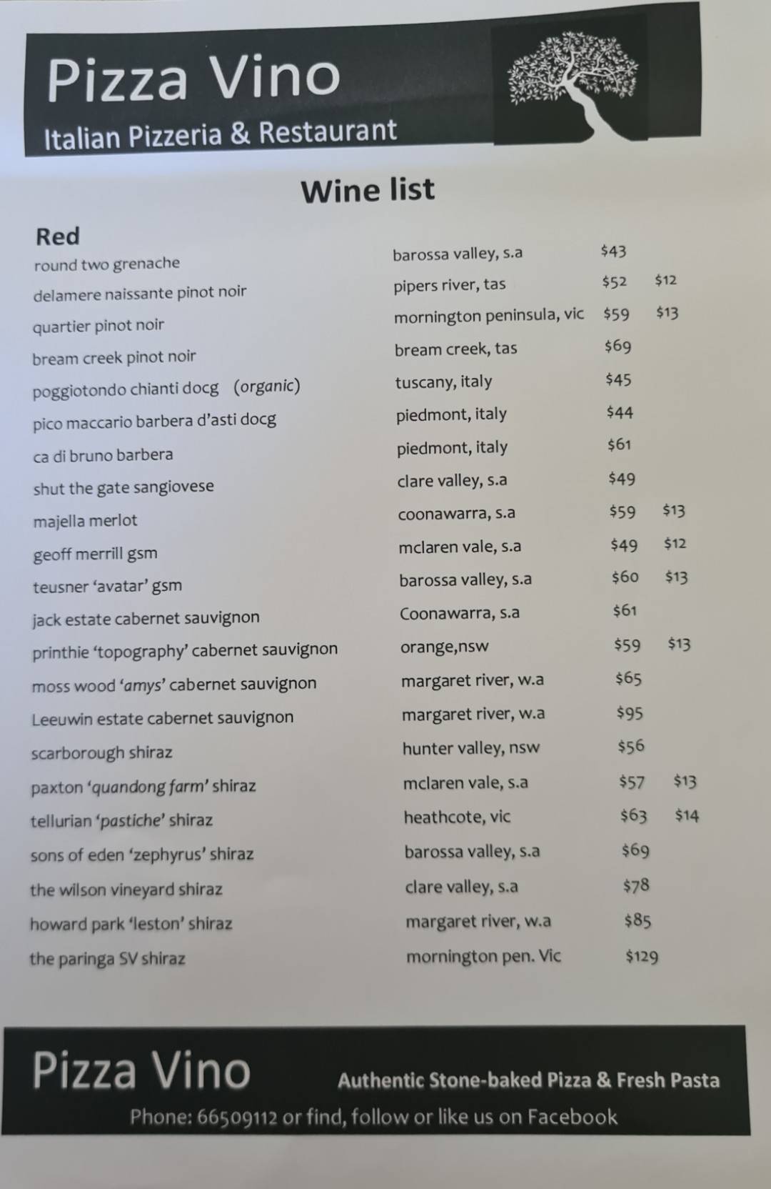 Menu at Pizza Vino restaurant, Coffs Harbour