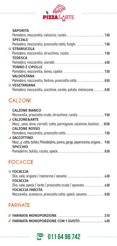 Menu di Pizza&Arte 