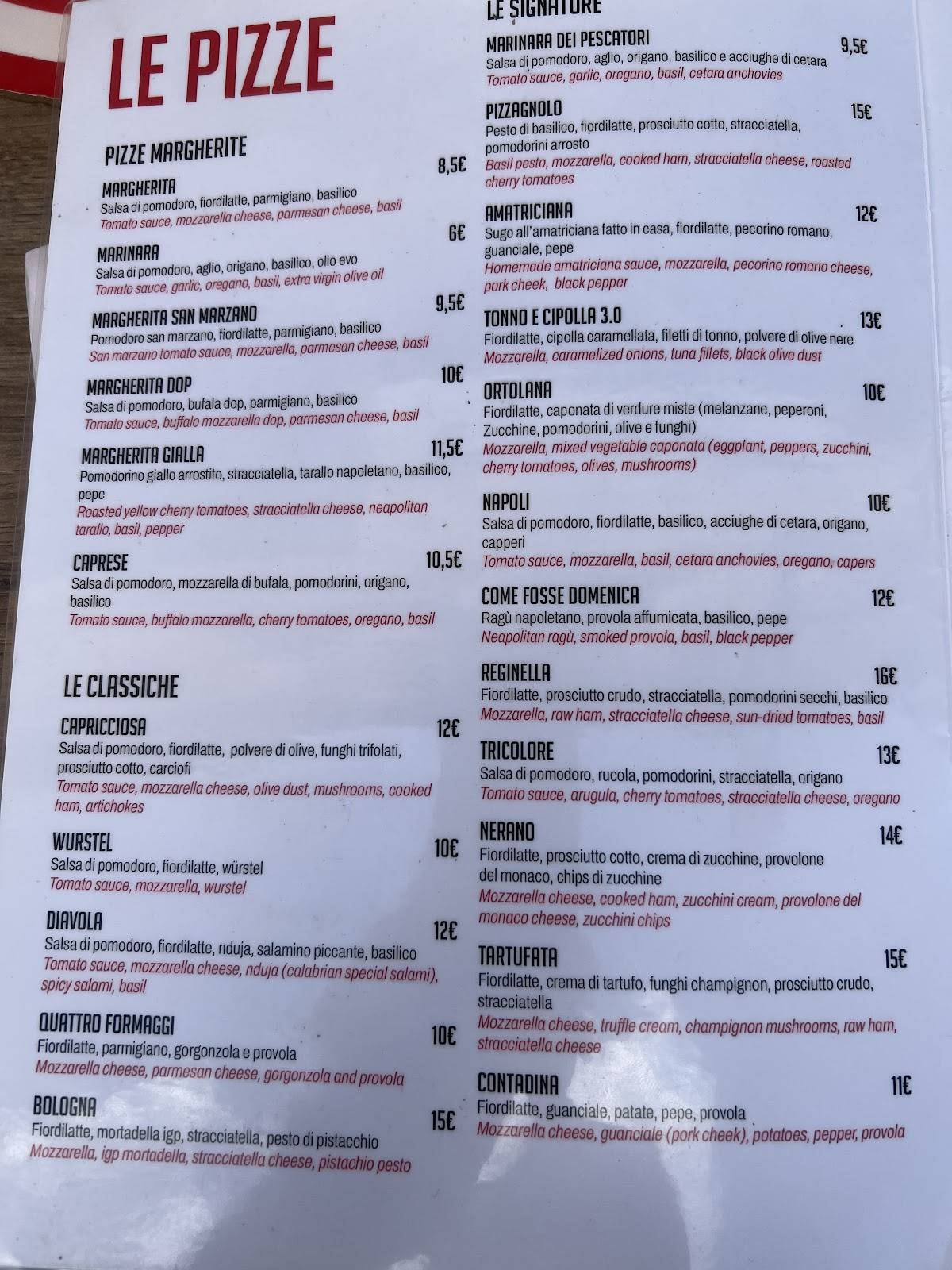 Menu di Pizzagnolo 