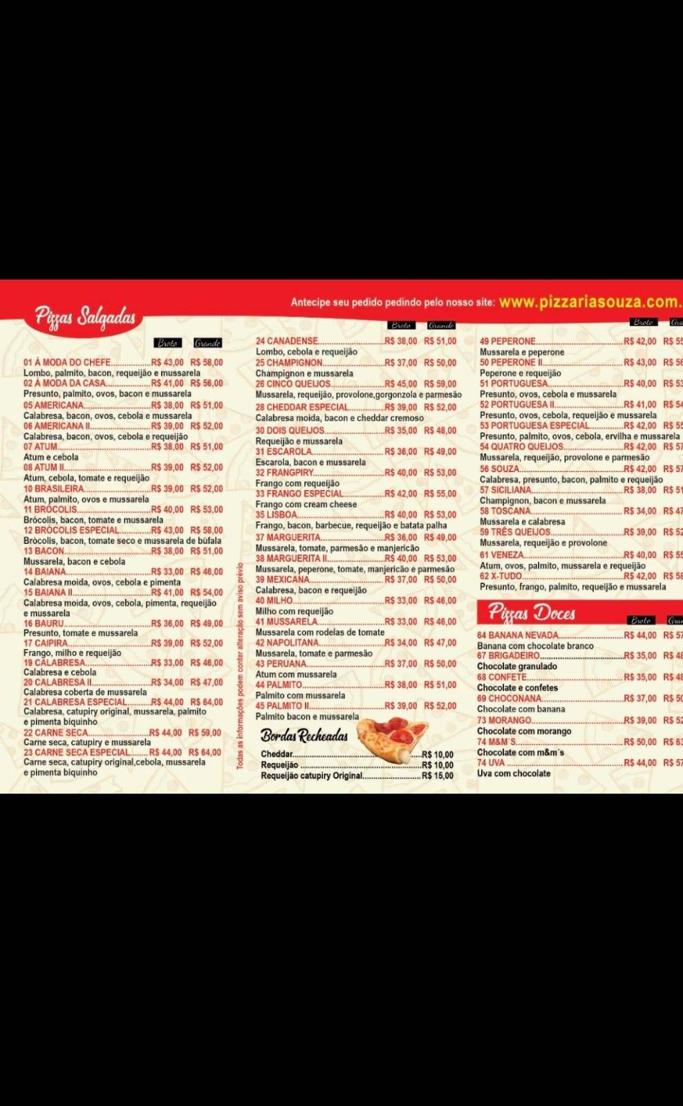 Pizzaria Souza em Poá cardápio