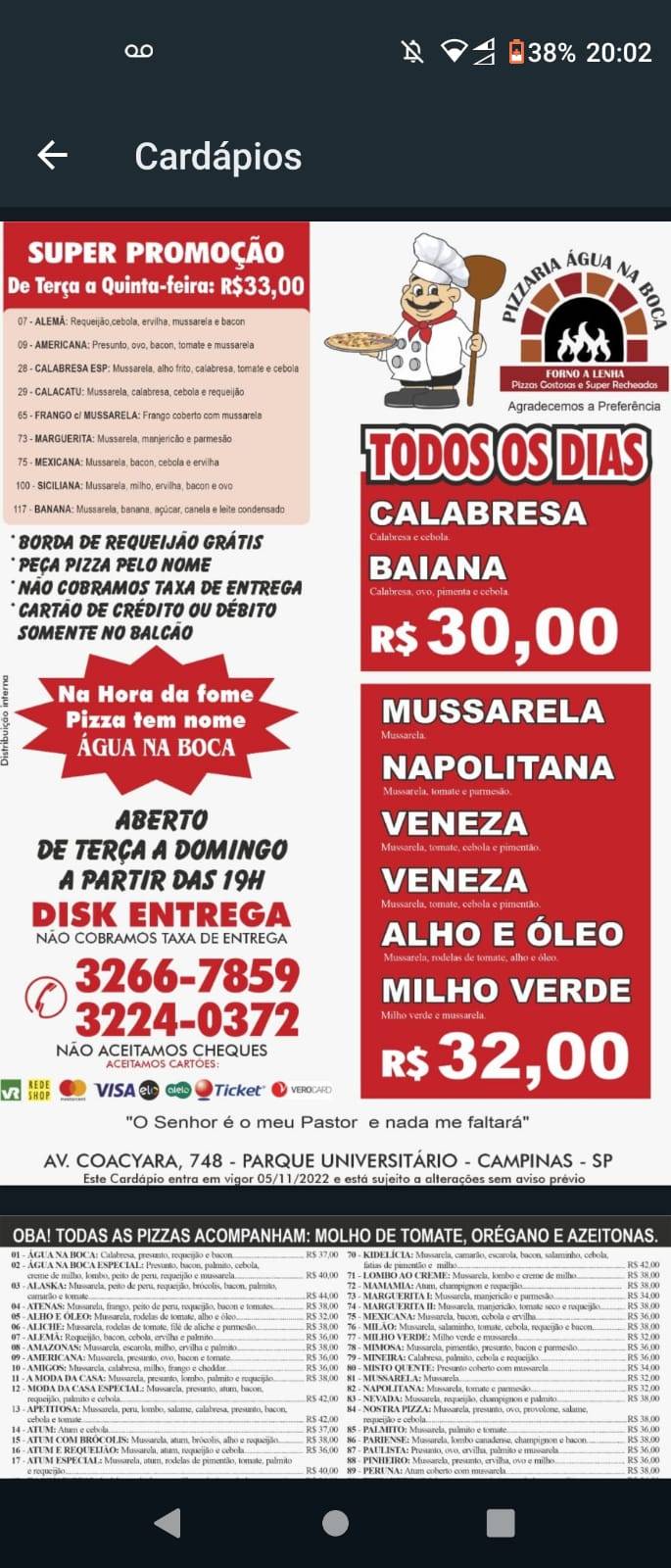 Pizzaria água na boca cardápio