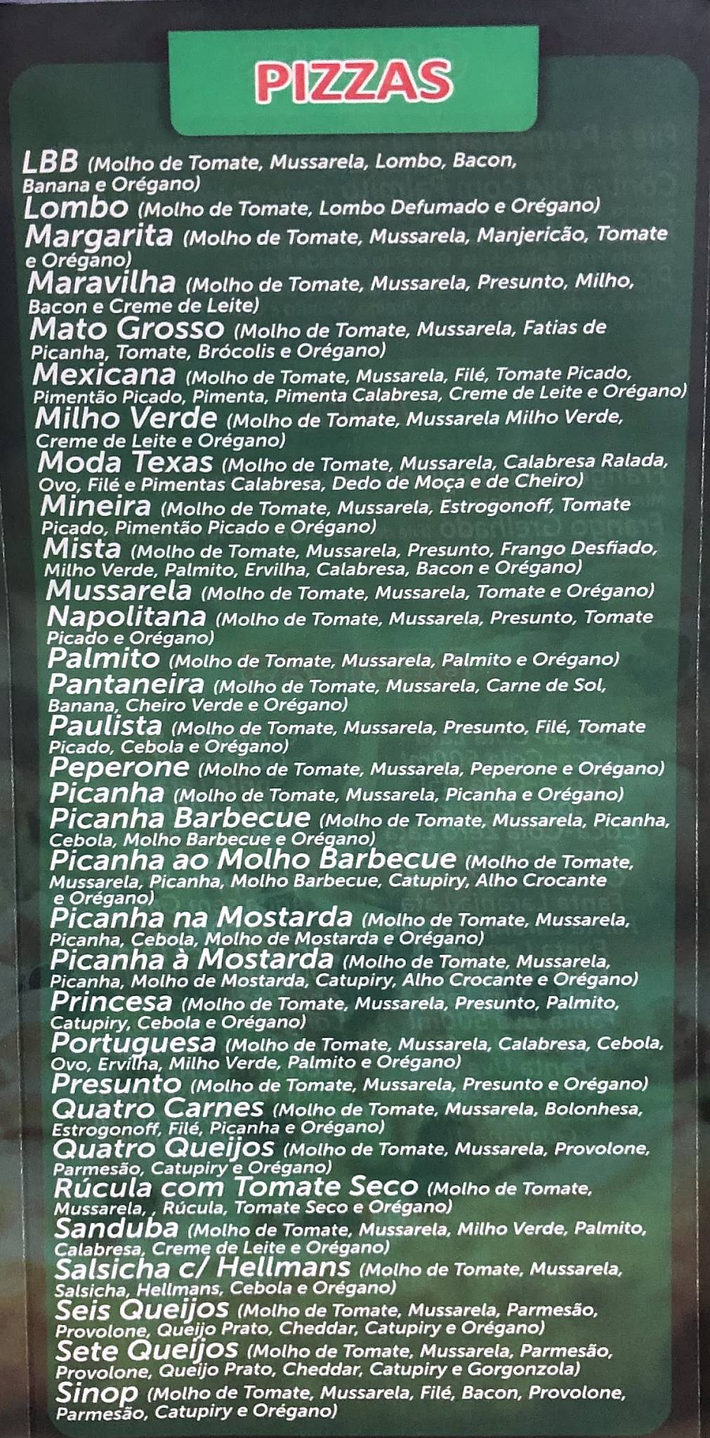 Pizzaria e Choperia Texas cardápio