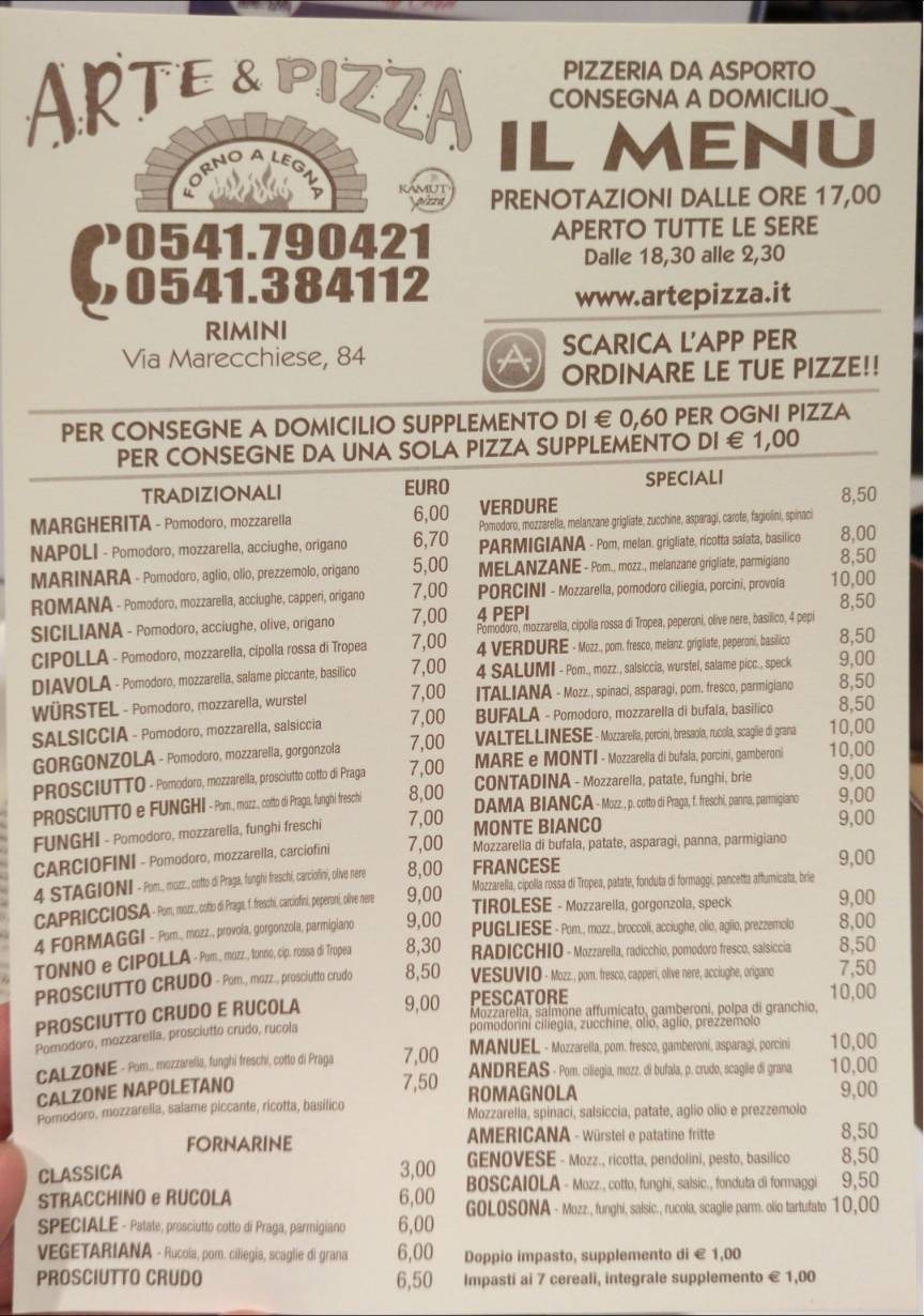 Menu de Arte Pizza S.r.l