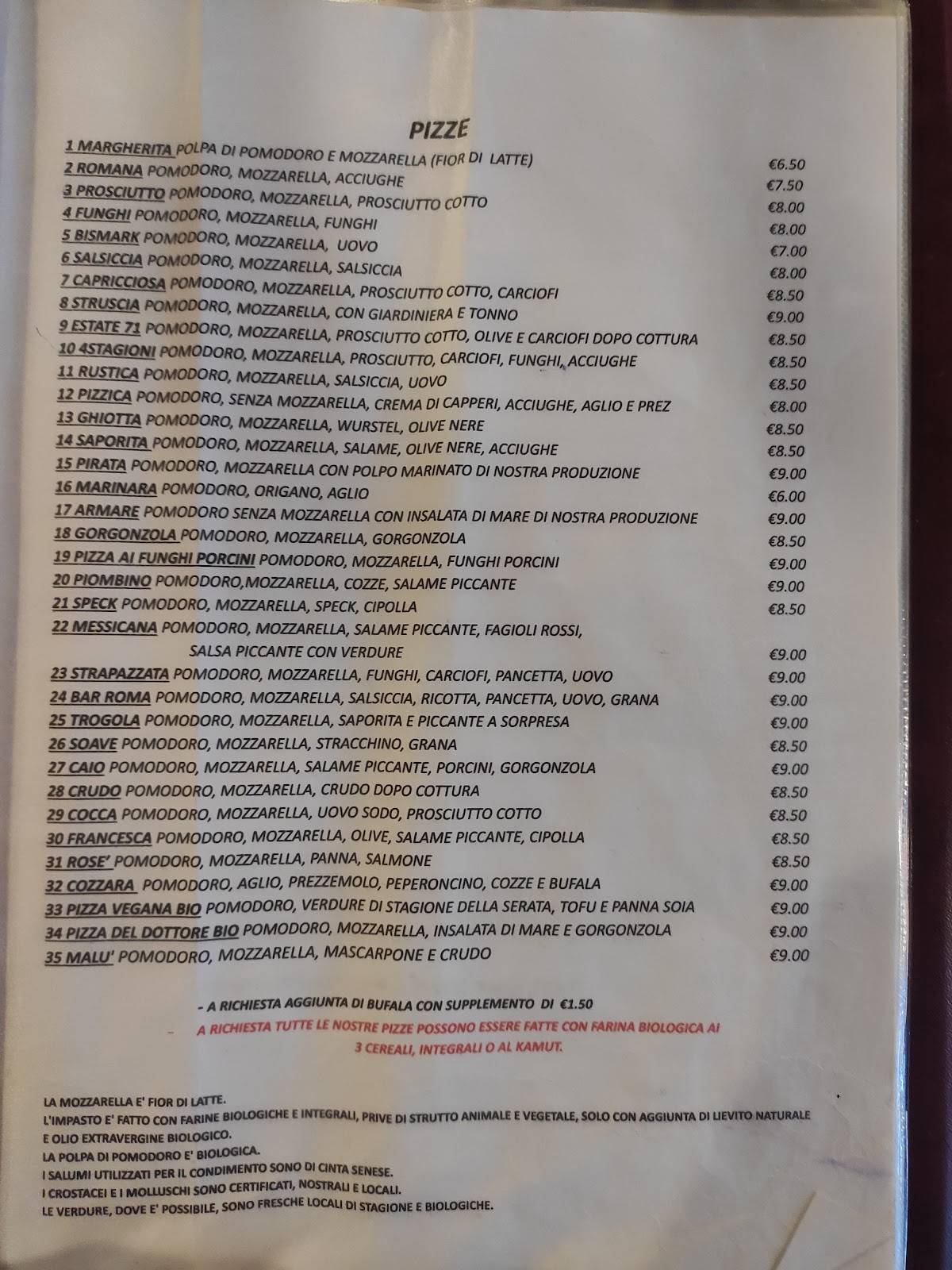 Menu di Pizzeria Bar Roma 